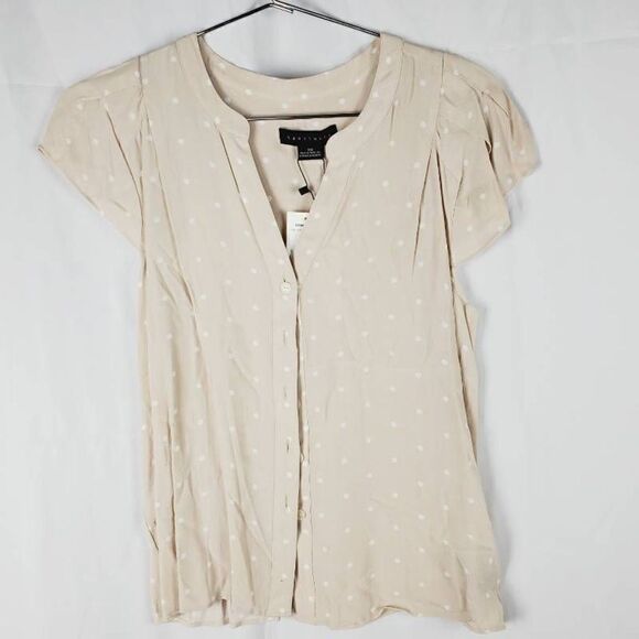 Sanctuary Womens Tiffany Blouse Beige Polka Dot Flutter Sleeve Notch Neck S New - Picture 1 of 9